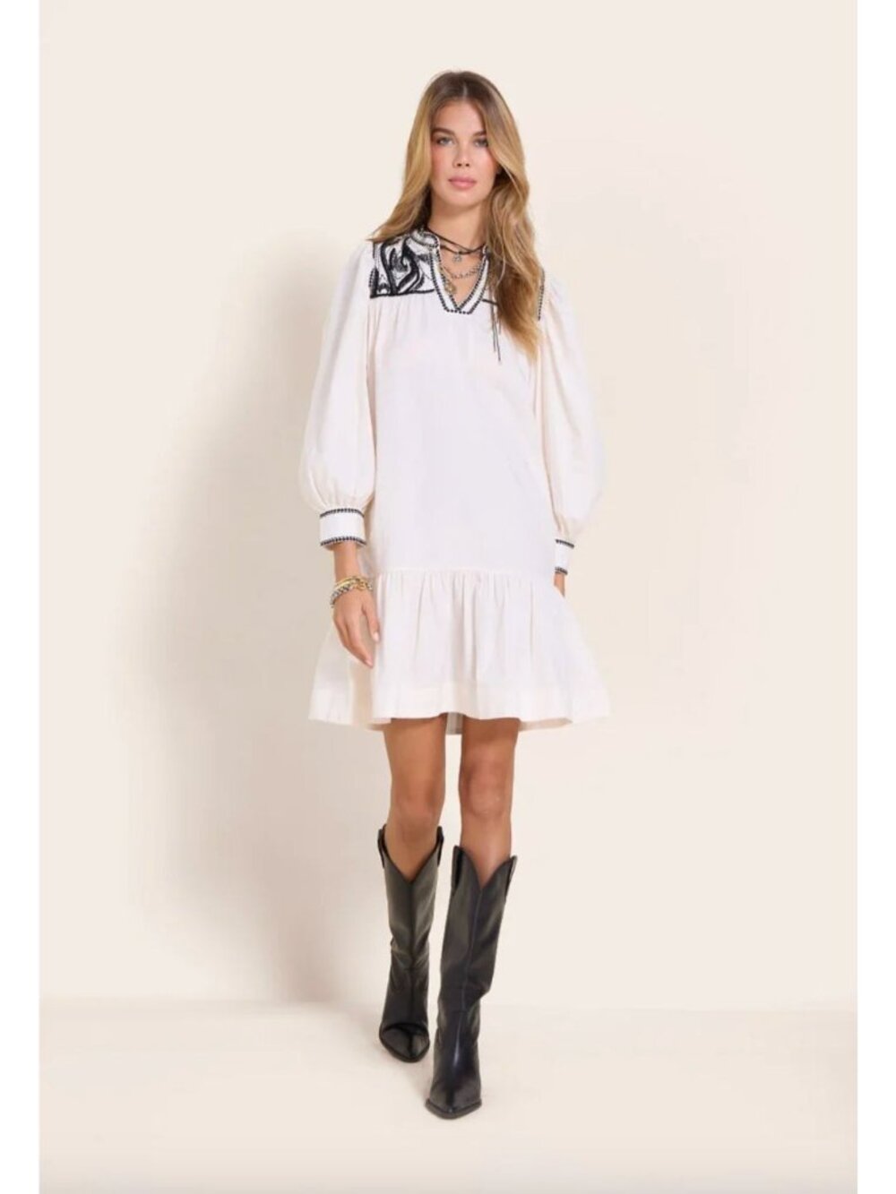 Scarlett Poppies Shelly Long Sleeve Mini Dress Vanilla Black Womens Size Small